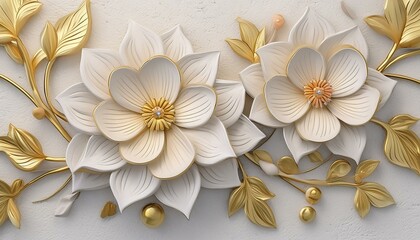 Light decorative texture of a plaster wall with voluminous decorative flowers and golden elements.