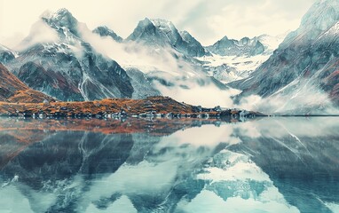 Breathtaking nature background with a crystalclear mountain lake reflecting snowcapped peaks, majestic theme, ethereal, Double exposure, alpine landscape backdrop