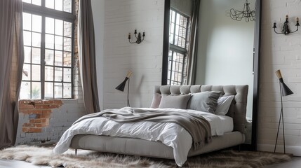 Obraz premium A bedroom with a stunning, oversized mirror, a contemporary bed frame, and a chic, fur area rug
