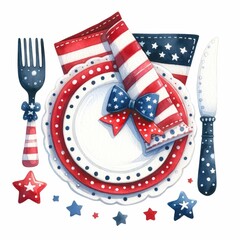 Obraz premium Festive Fourth of July table settings. watercolor illustration, Perfect for nursery art, simple clipart, single object, white color background. Fourth of July decorations.