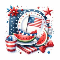 Fototapeta premium Festive Fourth of July table settings. watercolor illustration, Perfect for nursery art, simple clipart, single object, white color background. Fourth of July decorations.