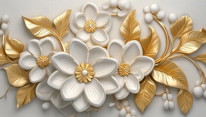 Light decorative texture of a plaster wall with voluminous decorative flowers and golden elements.