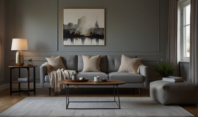Warm and Inviting Modern Living Room with Light Gray Sofa, Wooden Coffee Table, and Soft Sunlight Streaming Through Large Window