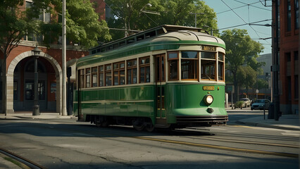 Naklejka premium A retro green streetcar is parked on the tracks in a city environment, contributing to the historical charm and public transport theme