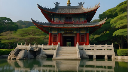 An elegant red temple with intricate architecture stands by a tranquil pond surrounded by greenery