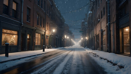 Fototapeta premium A wintry night with illuminated decorations and storefronts in an empty snow-covered street