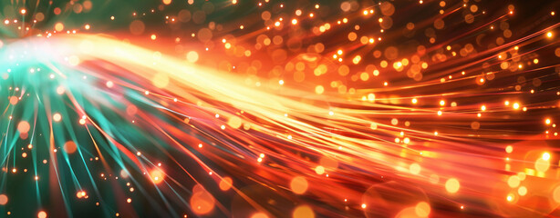 Obraz premium Dynamic abstract design with bright red and orange light streaks intertwined with green fiber optic glow