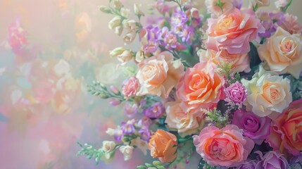 beautiful bright tender bouquet of flowers for birthday, soft pastel color background