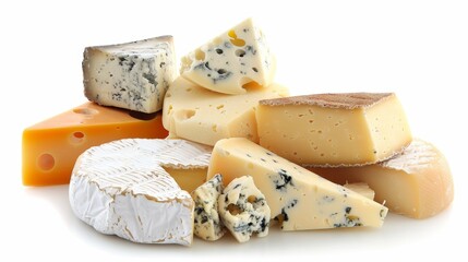 Assorted cheeses stacked on white background   diverse selection of cheese types in a delicious pile