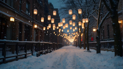 Snow-covered street adorned with hanging lanterns on a peaceful winter night