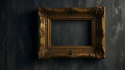 An empty ornate golden picture frame against a textured dark blue wall, suggesting mystery and...
