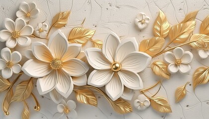 Light decorative texture of a plaster wall with voluminous decorative flowers and golden elements.