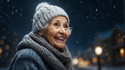 An elderly woman smiles joyfully in a snowy evening, depicting warmth amidst a chilly ambiance