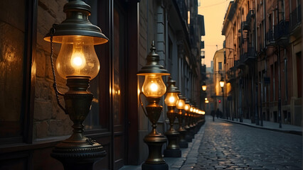 Naklejka premium A beautifully illuminated cobblestone street with a series of antique street lamps reflecting the rich history of the area