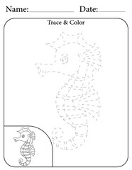 Seahorse Printable Activity Page for Kids. Educational Resources for School for Kids. Kids Activity Worksheet. Trace and Color the Shape