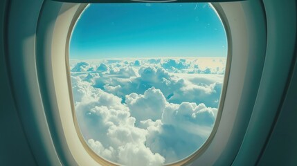 Airplane window in the air high above. Passenger plane POV looking out at beautiful blue sky view