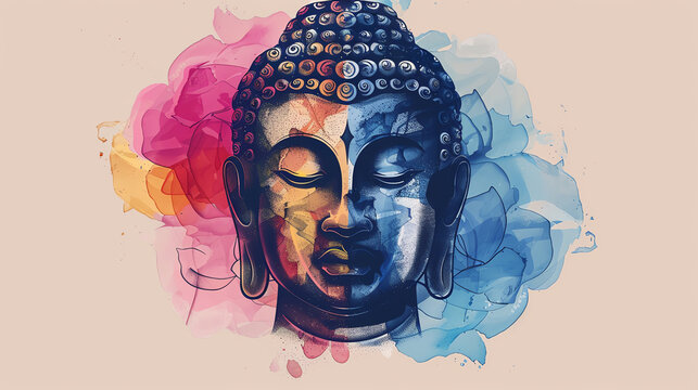 flat design front view classic Buddha art theme water color Splitcomplementary color scheme