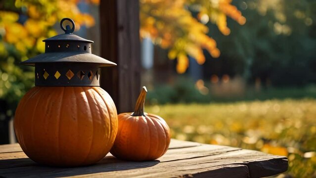Two lantern pumpkins on wooden table in sunny autumn garden