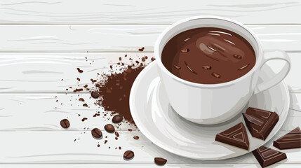 Cup of hot chocolate on white wooden table Vector illustration