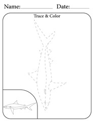 Shark Printable Activity Page for Kids. Educational Resources for School for Kids. Kids Activity Worksheet. Trace and Color the Shape