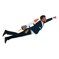 Young black businessman flying with jet pack illustration. Flat vector illustration isolated on white background