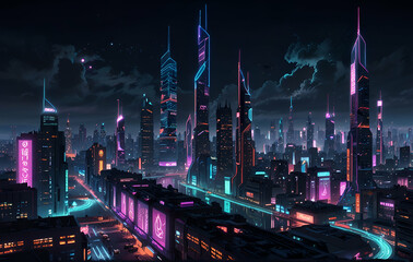 Obraz premium The city at night transforms into a dazzling tapestry of lights and shadows, a vibrant and dynamic landscape that pulses with energy and life. Skyscrapers stand tall and proud, their windows a glow 