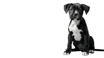 Black and white puppy sitting on a transparent background