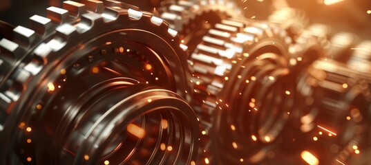 Fiery sparks  close up view of synchronizing gears in motion with blurred background for text