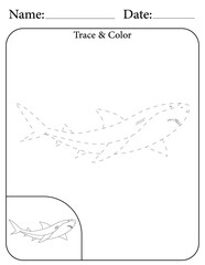 Shark Printable Activity Page for Kids. Educational Resources for School for Kids. Kids Activity Worksheet. Trace and Color the Shape