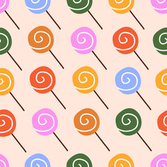 Lollipop pattern. Seamless sweet background with candy, lollypop print, texture. Colorful lolly for textile, fabric, wallpaper and package design. Repeating printable flat vector illustration