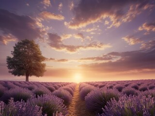 Sunset's hues softly illuminate the tranquil purple lavender field.