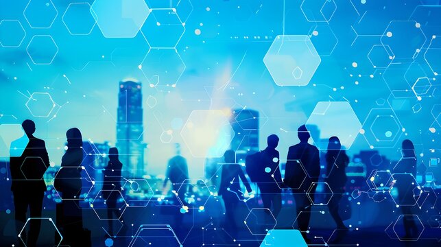 A silhouette of people against a city skyline with digital hexagon overlay. Business and technology concept image. Futuristic and abstract design ideal for corporate use. AI