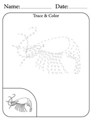 Shrimp Printable Activity Page for Kids. Educational Resources for School for Kids. Kids Activity Worksheet. Trace and Color the Shape