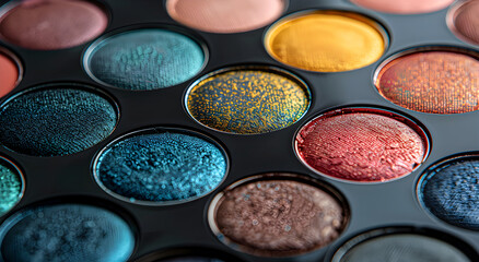 Naklejka premium Palette with multicolored cosmetic eyeshadows for women. On a delicate background.