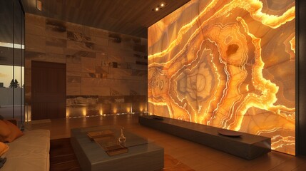 A drawing room with a custom-designed, backlit onyx wall panel that changes colors