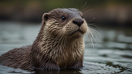 cute  wild otter in river with blurr background