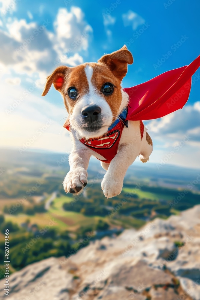 Poster superhero dog in flight on pastel gradient backdrop with ample space for text placement
