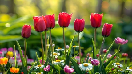 Beautiful Spring Garden with Red Tulips in Bloom. Bright and Colorful Flower Bed in Natural Light. Perfect for Nature and Gardening Themes. AI