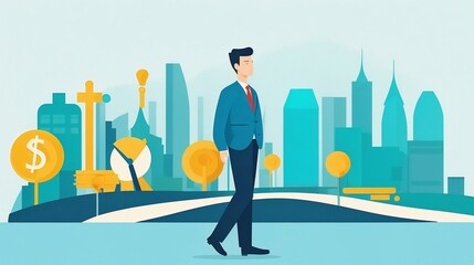 Businessman strolling through a city filled with financial symbols, representing economic growth and business success