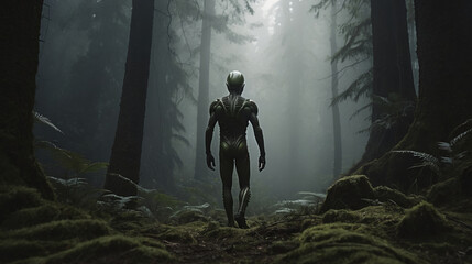A mysterious humanoid alien walks through a foggy forest