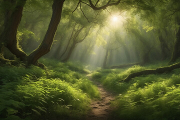 A path in the forest, the sun is shining through the trees