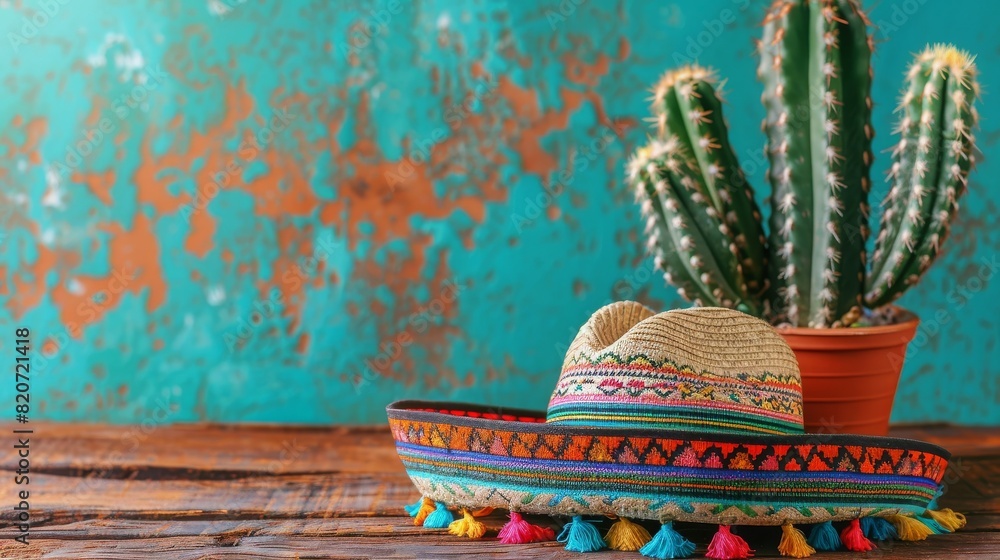 Wall mural Cinco de Mayo holiday season, Mexican cactus, party sombrero, wooden table, copy and text space, 16:9