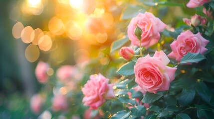 Beautiful pink roses in full bloom. Close-up of delicate petals and leaves in sunlight. Ideal for nature and garden-themed projects. AI