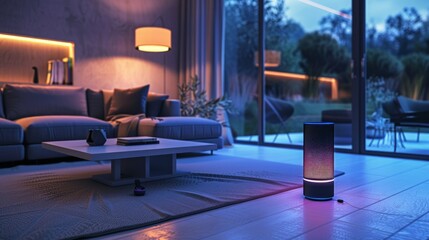 Smart Home Technology: Illustrate a smart home with interconnected devices, like voice-controlled assistants, smart lighting, and security systems, showcasing the convenience of modern living.