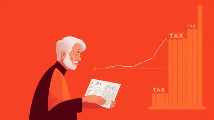 Elderly man looking worried while reviewing tax documents and rising tax chart, highlighting financial uncertainty and inflation's impact on retirement savings