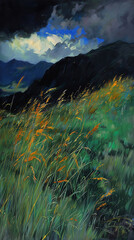 Grassland Outdoors Landscape Vintage Oil Painting