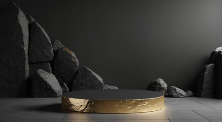 Naklejka premium Minimalist black and gold platform on rock background