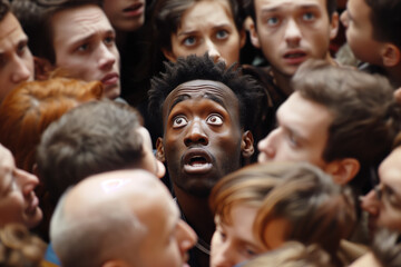 Top view, African American man screaming surrounded by white people. Concept of tolerance, unity, love and anti racism concept.