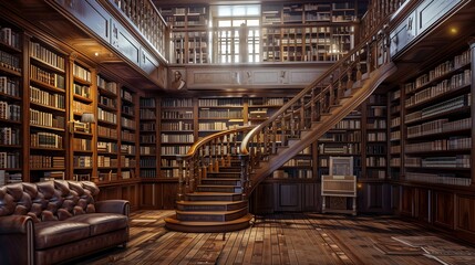 Fototapeta premium A drawing room with a floating staircase leading to a mezzanine library filled with leather-bound books