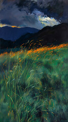 Grassland Outdoors Landscape Vintage Oil Painting